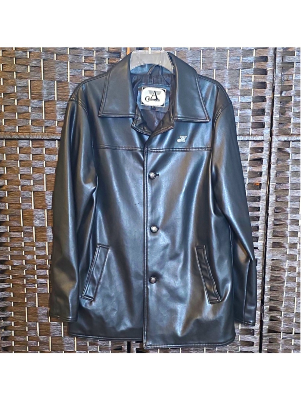 A Collezioni Men's Faux Leather Jacket Black Button Front Size Small Coat EUC